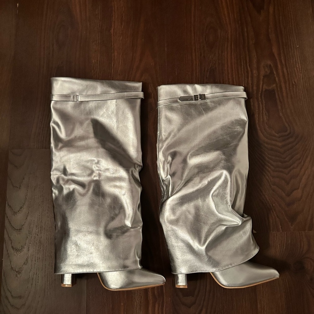 Silver Matt Foldover Knee Block Heeled Boot